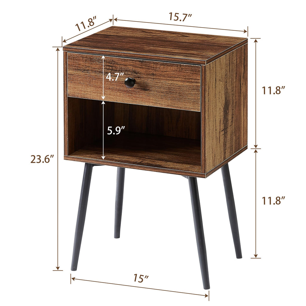 Nightstands Set of 2, Mid Century Modern End Bedside Table, Night Stand with Storage Drawer and 2 Tiers Open Shelf