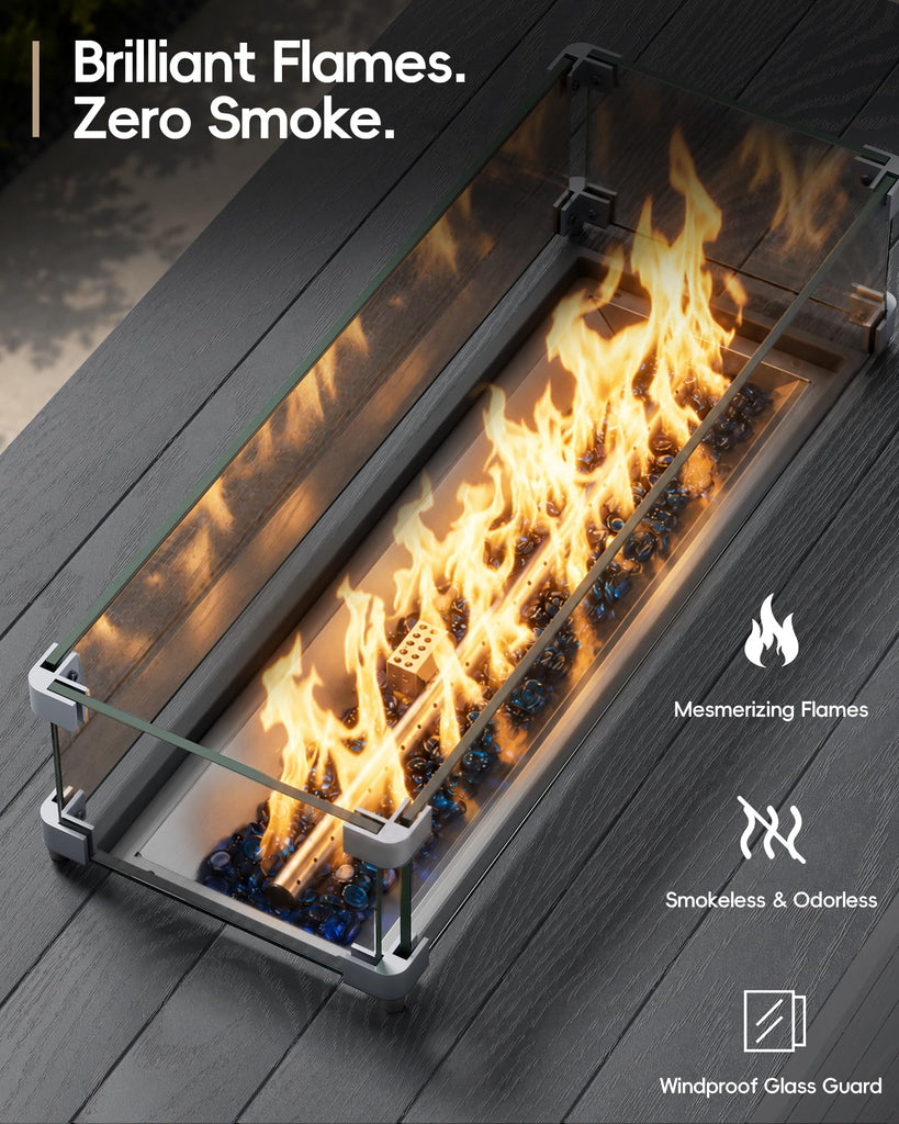 Outdoor Propane Fire Pit Table, 50000 BTU Rectangular Propane Fire Table with Glass Wind Guard, Sliding Tank Holder