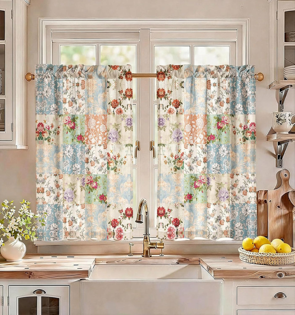 Boho Kitchen Curtains - 36 Inch Length Linen Blend Vintage Floral Cafe Curtains Country Tier Curtain Short Drapes Rod