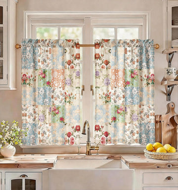 Boho Kitchen Curtains - 36 Inch Length Linen Blend Vintage Floral Cafe Curtains Country Tier Curtain Short Drapes Rod