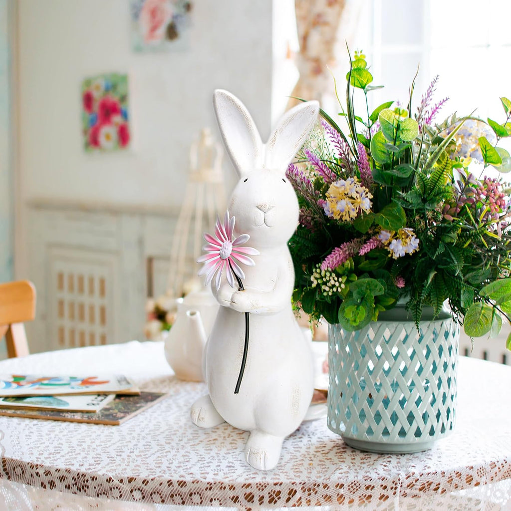 Spring Easter Decorations, 13.2" Distressed Resin Easter Bunny with Pink Flower, Easter Gifts, Farmhouse Decorative