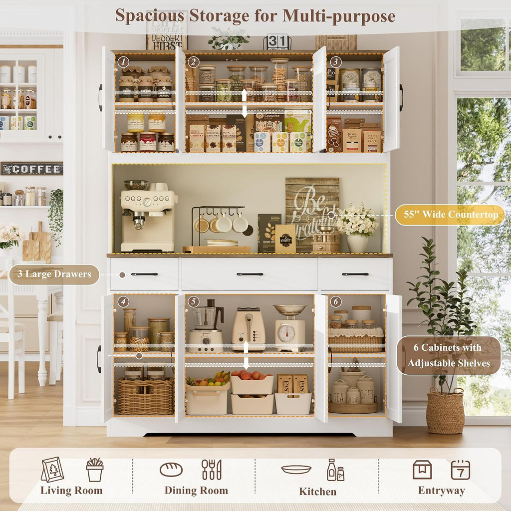71" Tall Kitchen Pantry Storage Cabinet, 55" W Kitchen Hutch, White | Large Pantry Cabinet with Charging Station /