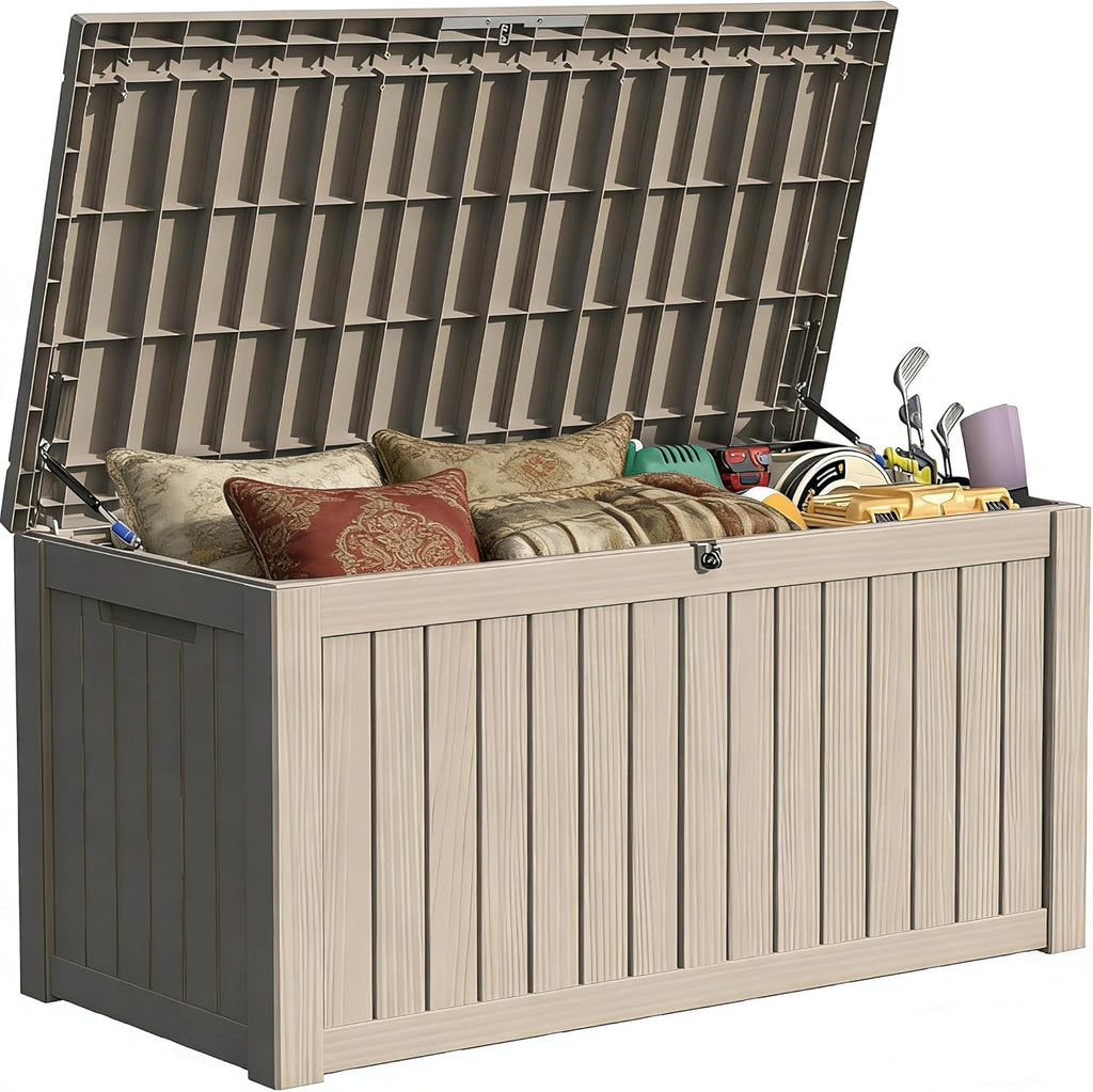 150 Gallon Outside Storage Box & Bench,Lockable&Waterproof Storage Organizer Furniture Accessories, Indoor Storage