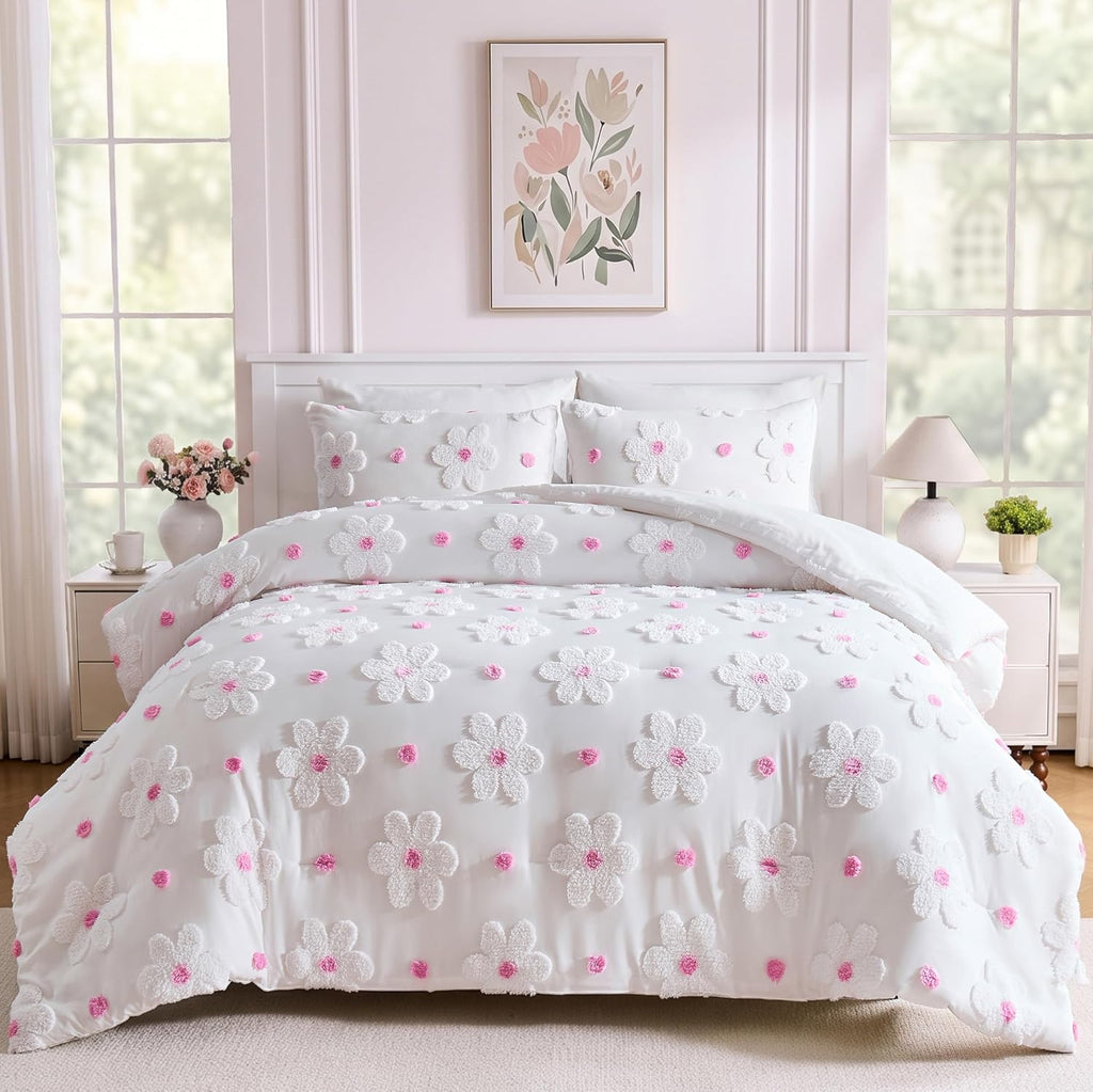 Twin Comforter Set for Girls 2 Pieces Tufted Daisies Flowers Pink Floral Twin Girls Bedding Sets Bed in A Bag Cute