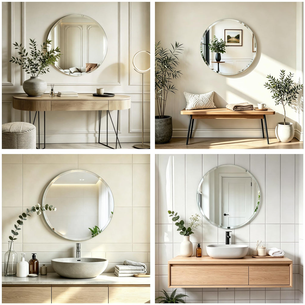 24 Inch Frameless Round Bathroom Mirror, Silver Beveled Edge Wall Mirror
