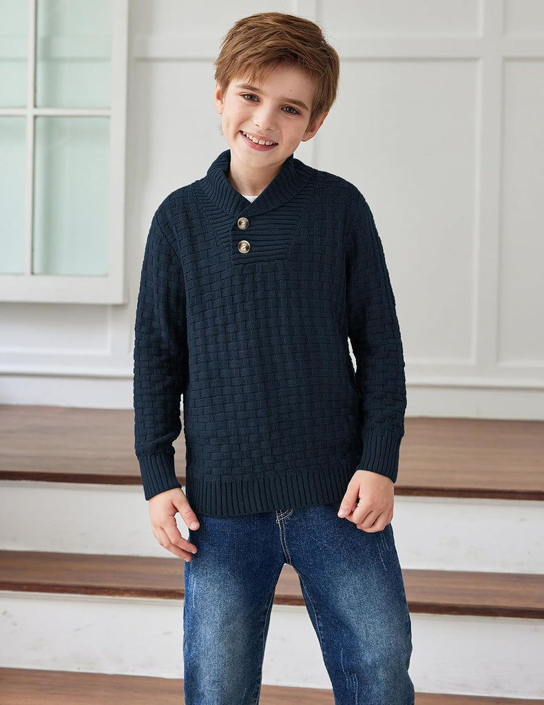 Boys Crewneck Long Sleeve Textured Ribbed Edge Pullover Sweaters Button Up Knitted Sweater Tops