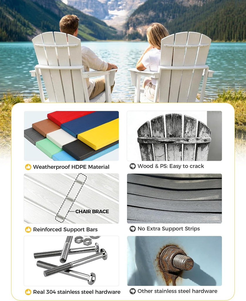Lightweight Folding Adirondack Chair Set of 4, HDPE, White | Portable HDPE Patio Chair - 350lbs,Durable All-Weather