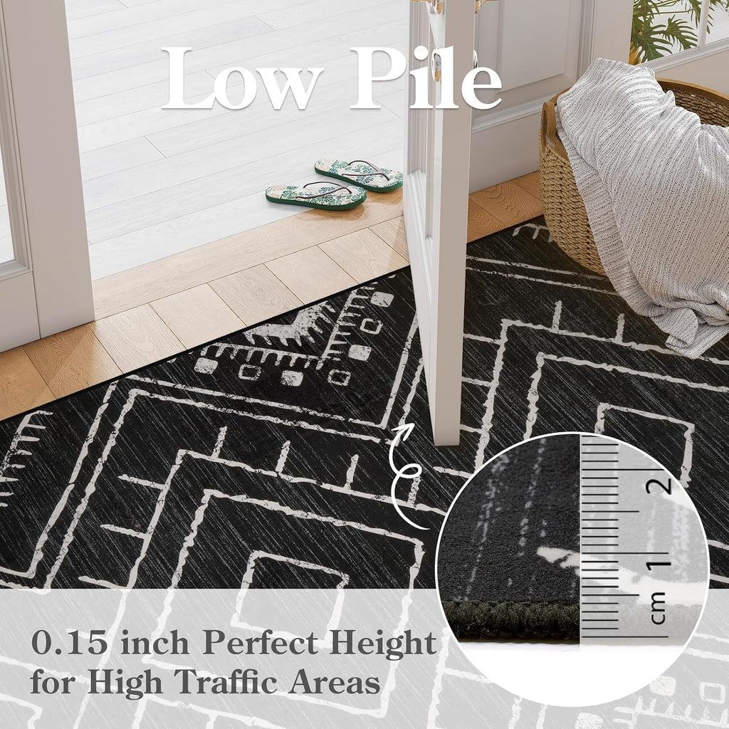 Western 5x7 Area Rug, Black Washable Rugs Bedroom, Non Slip Moroccan Tribal Rug Low Pile Modern Geometric Boho Area