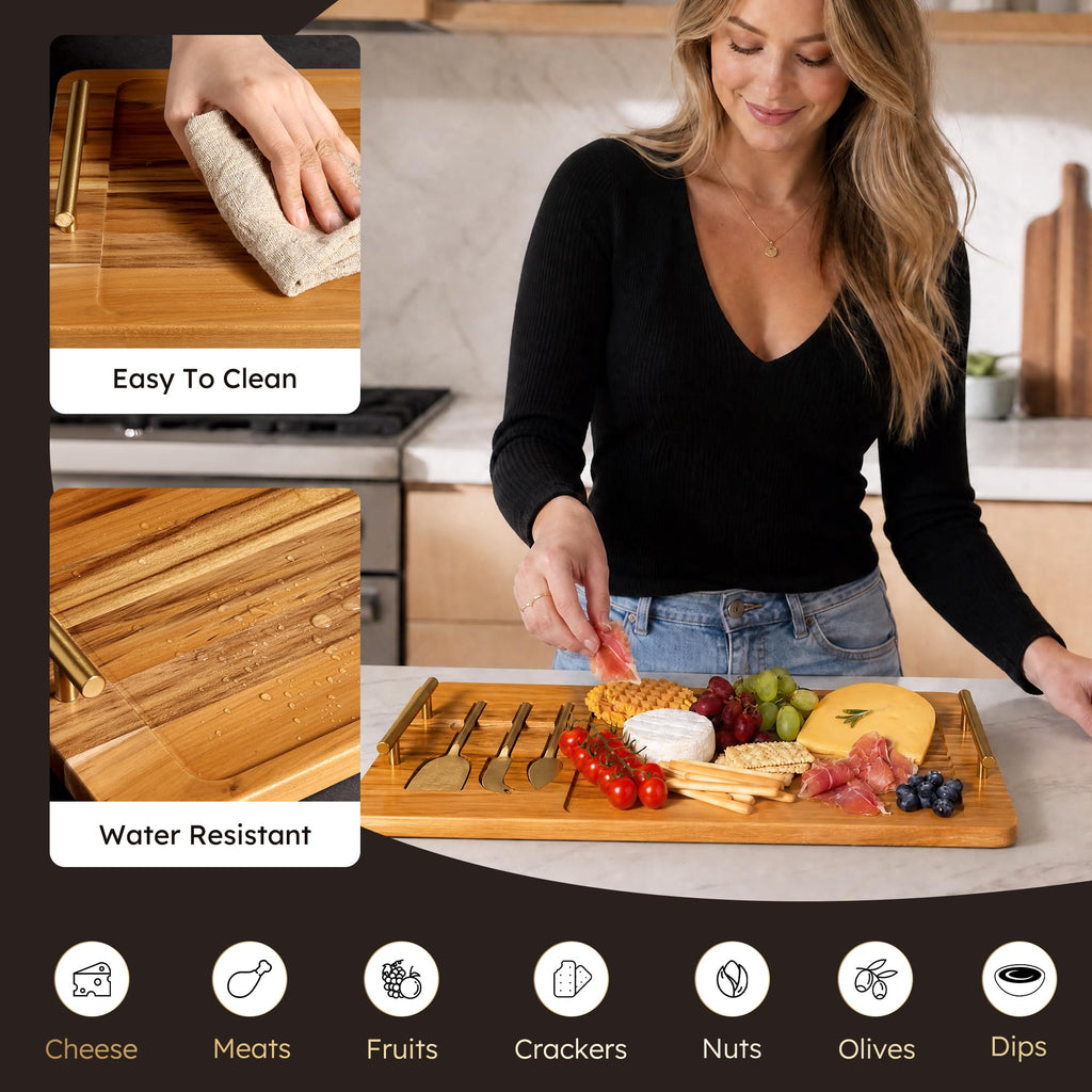 Teak 22 Inch Large Charcuterie Boards for Party with Cheese Knife Set of 3 with Handles Extra Long Wooden Serving