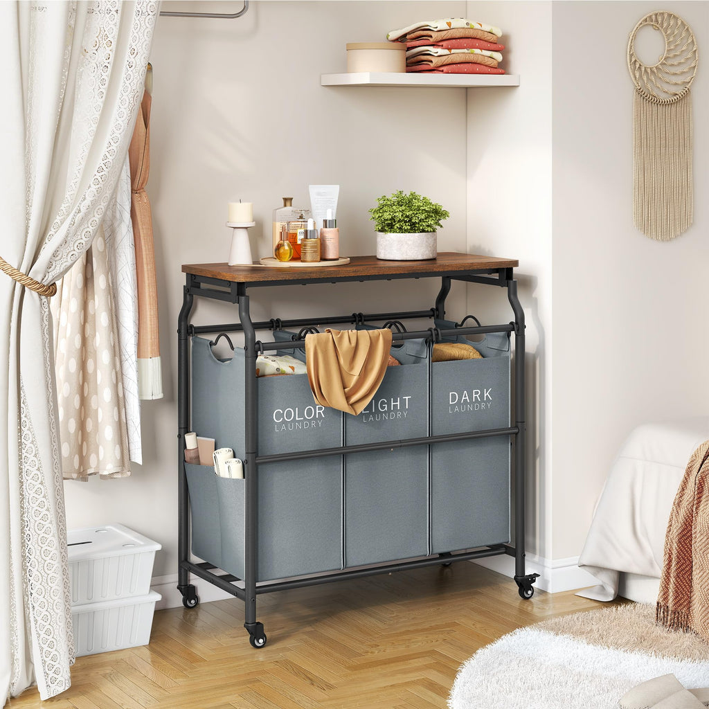 3 Section Laundry Sorter with Ironing Board, Laundry Hamper, Gray