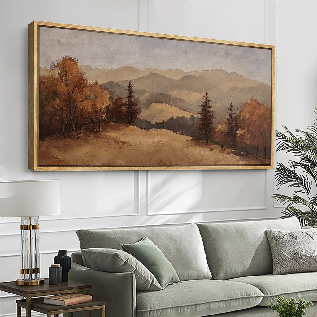 Extra Large Framed Canvas Print Wall Art Fall Mountain Landscape Warm Earth Tone Hillside Illustrations Modern Art
