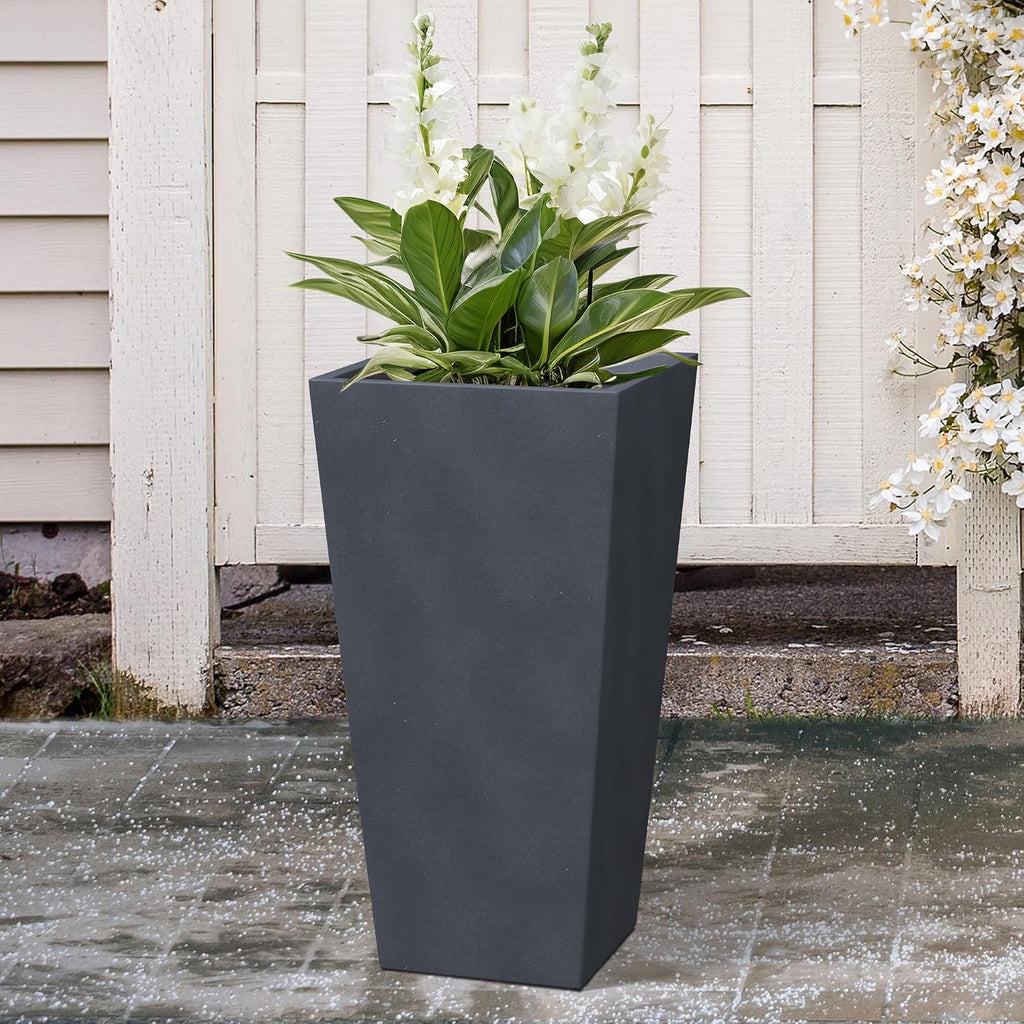 28 Inch Tall Tapered Concrete Planter, Modern Style Large Plant Pot with Drainage Hole and Rubber Plug , Backyard