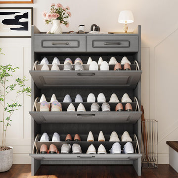 31.5" W Shoe Cabinet, Hidden Wood Shoe Cabinet with 2 Storage Drawers & 3 Flip Drawers, Narrow Freestanding Shoe