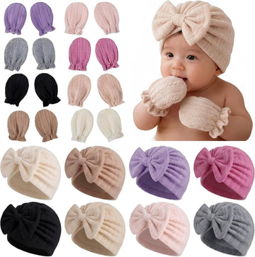 8 Sets Newborn Baby Girl Bow Hats and Mittens Turban Beanies 0