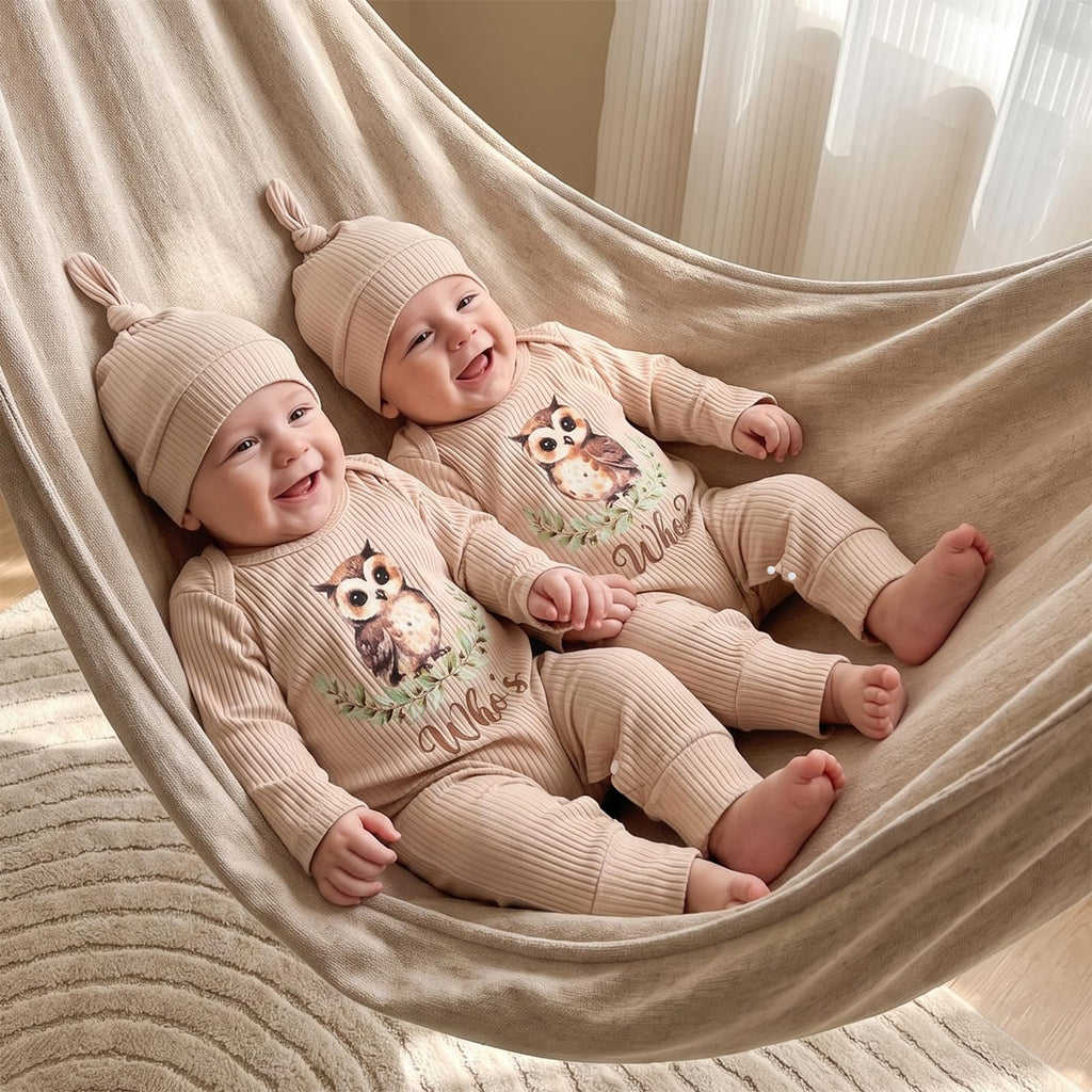 Newborn Baby Boy Girl Twins Matching Outfits Knit Romper Jumpsuit, Who, NB