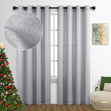 Silver Curtains 84 Inch Length 2 Panels Grommet Window Drapes Semi Sheer Gray Elegant Luxury Sparkle Glam Shimmer