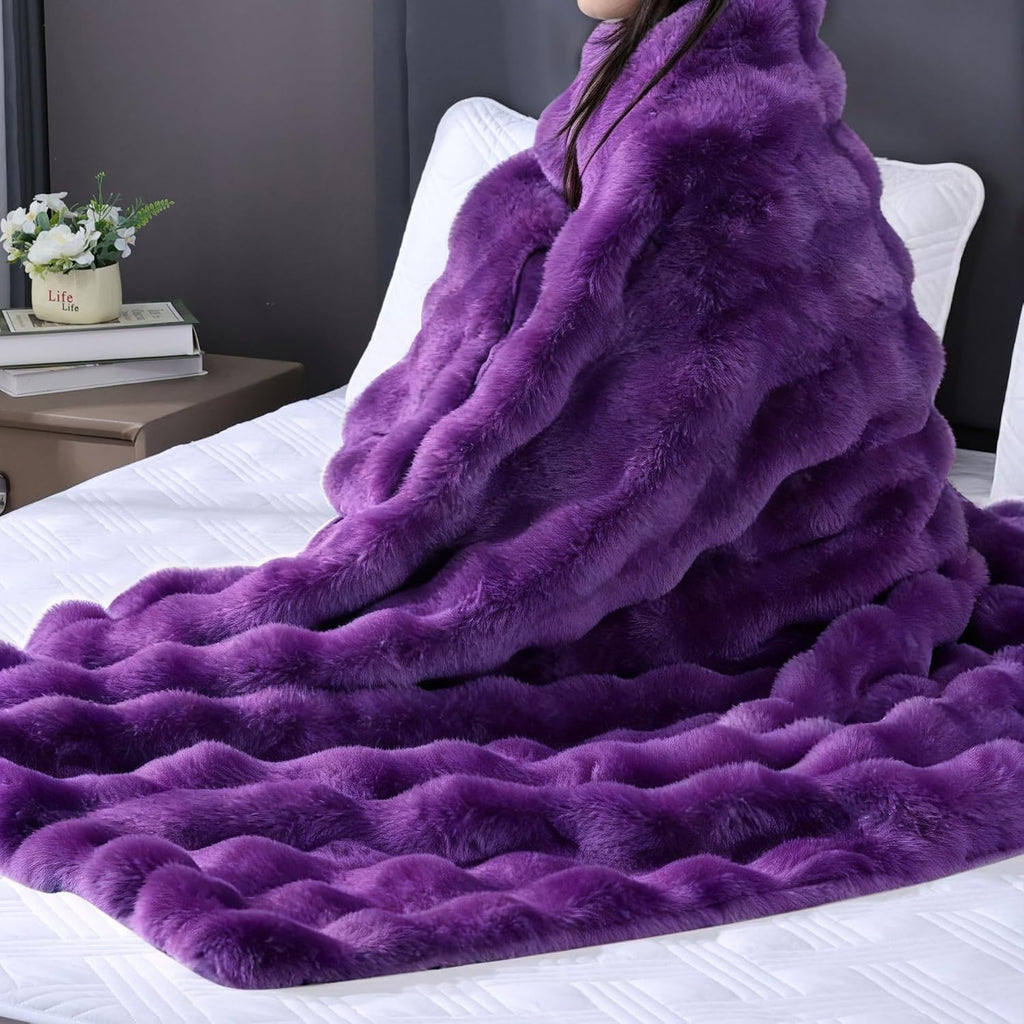 Purple Faux Fur Throw Blanket for Couch, Double-Sided Bubble Textured Plush Blanket with Soft Flannel Back