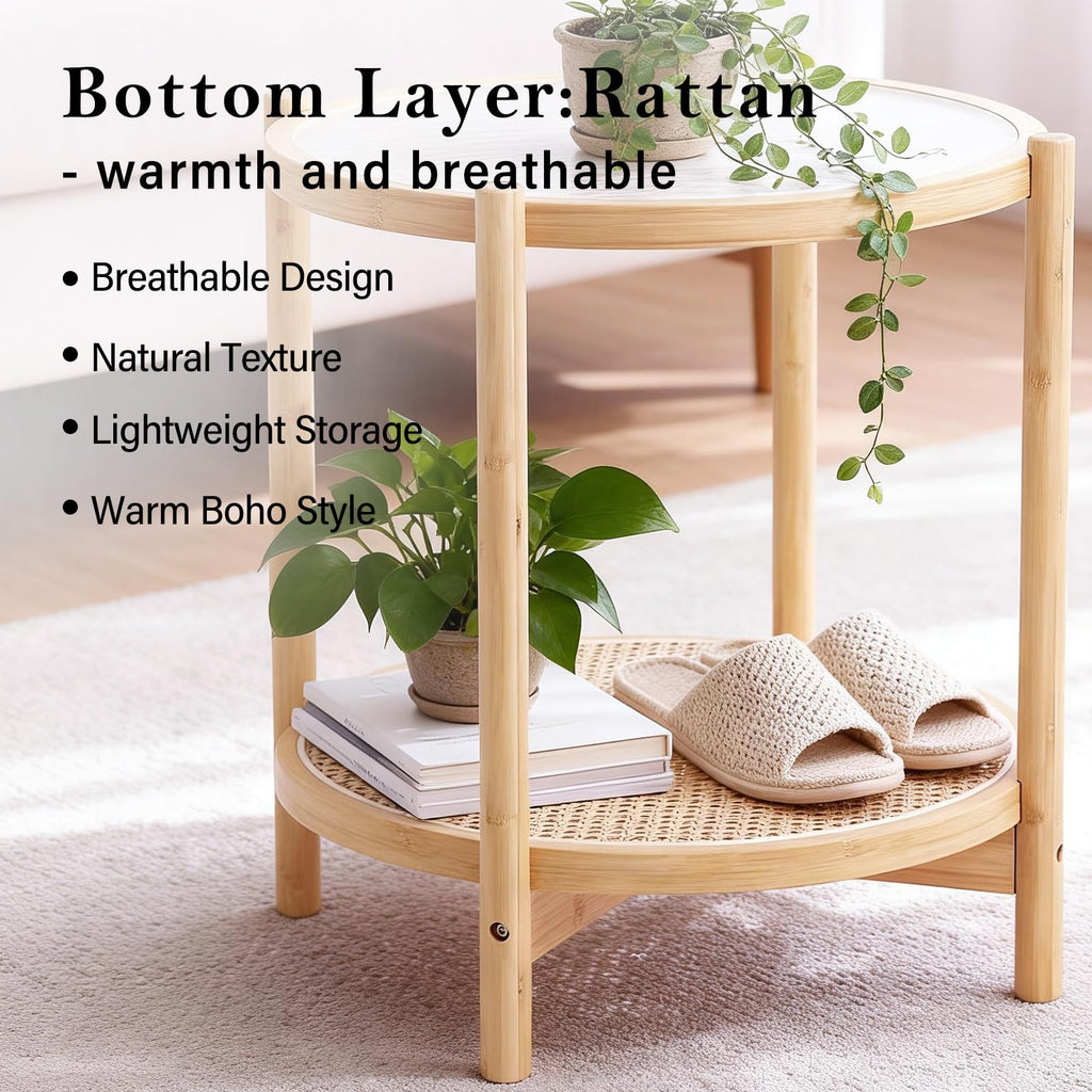 Rattan Side Table, Modern Round Bamboo, Glass Top, Wood