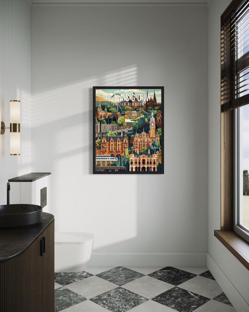Glasgow United Kingdom Black Framed Print Poster, Europe City Skyline Artwork Painting Wall Vintage Painting Bathroom