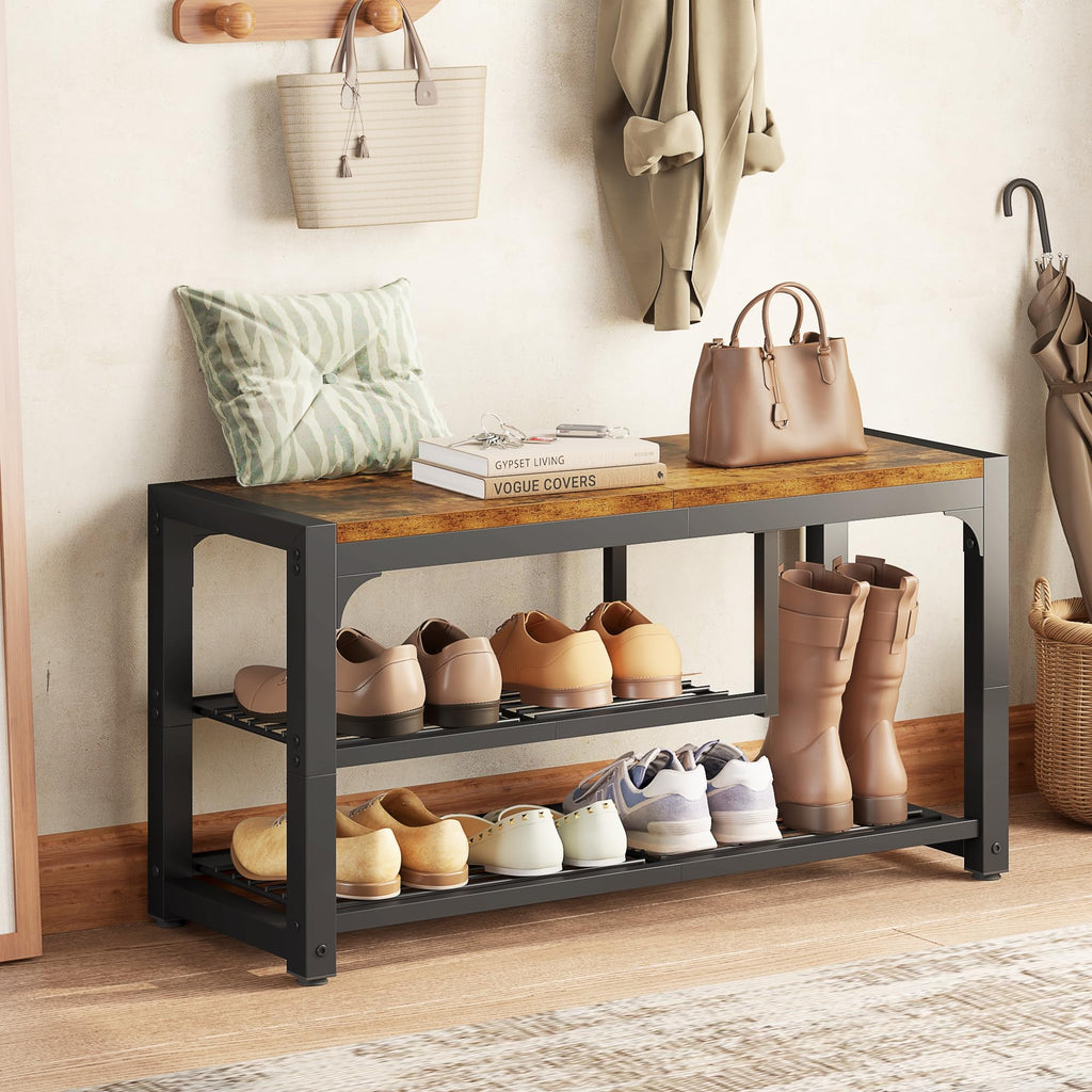 Shoe Bench, 3 Tiers Shoe Rack Bench, 31.5" Shoe Storage Bench, Retro Industrial Entry Bench with Mesh Shelves and Boot