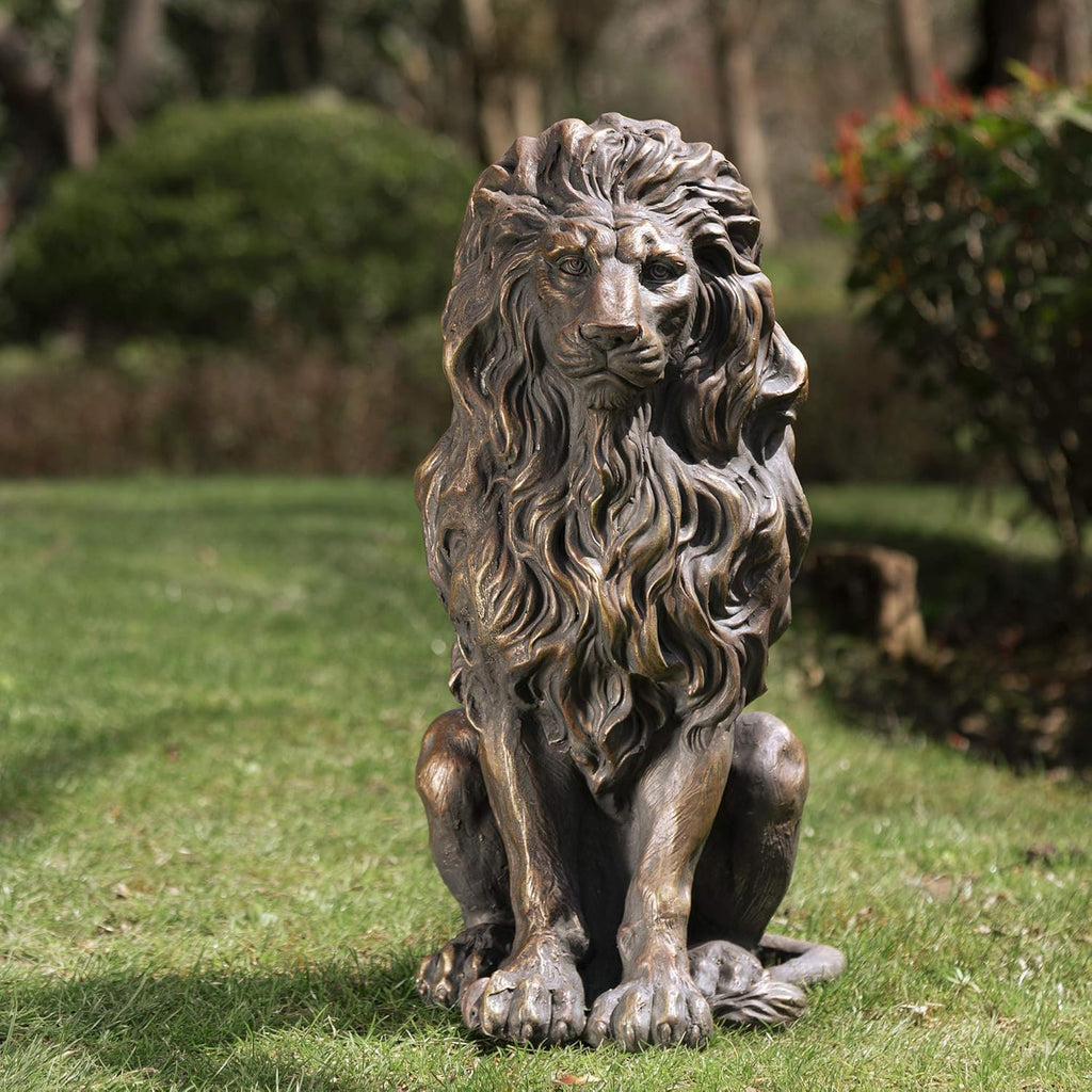 24"BronzeLion Garden Statue,Large Sitting Lion Sculpture With Weighted Base,Regal Entrance Guardian For Front