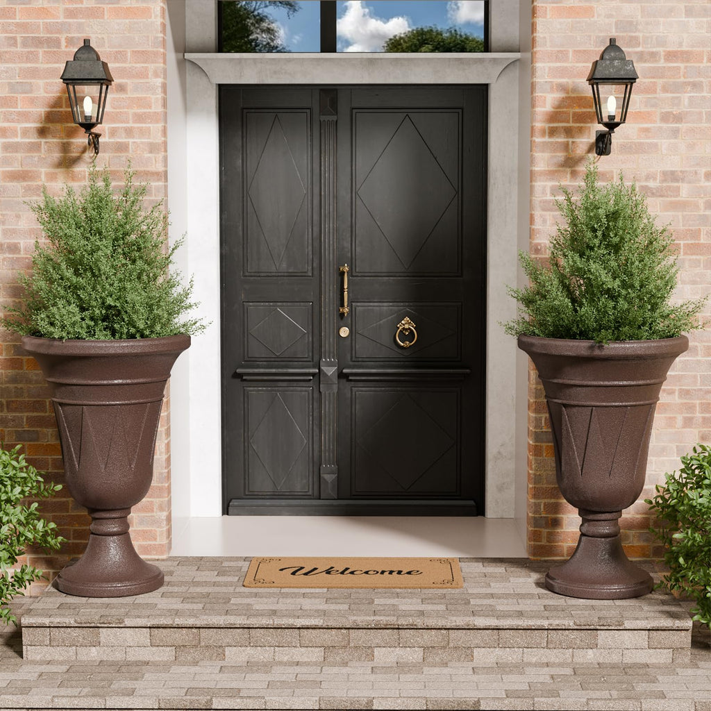 Tall Plastic Urn Planters and Pedestal - 24" Outdoor Planter Brown