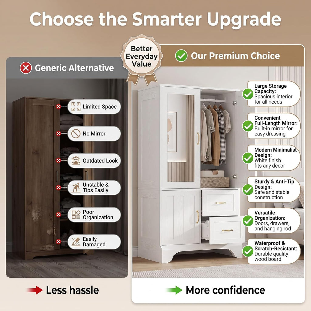 Armoire Wardrobe with Mirror, 3-Door Hanging Rod & Drawers | 3-door armoire with mirror. Hanging rod, 2 drawers, 4