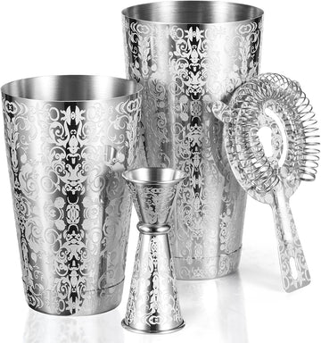 Etched Boston Cocktail Shaker Set, Baroque Scroll Engraved - Set of 4