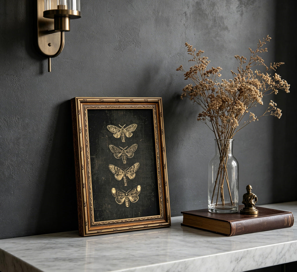 Vintage Gold Framed Moth Wall Art, Retro Dark Academia Butterfly Insect Canvas Print Poster, Gothic Decor Bedroom