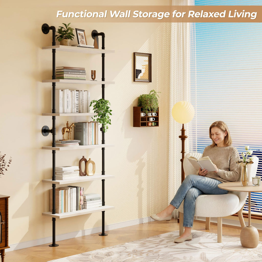 Industrial Pipe Bookshelf, Wall Mounted Shelf, 30 Inch, White