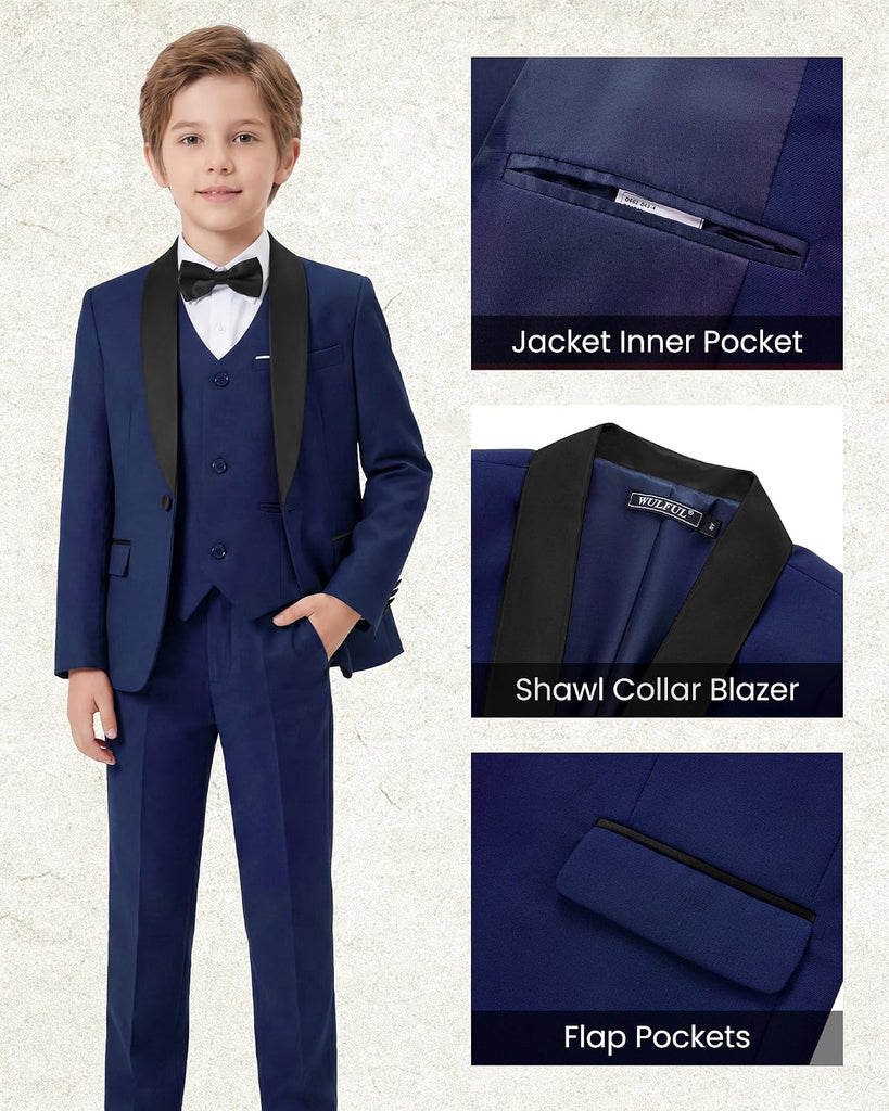 Boys 5 Pieces Tuxedo Suit Set Kids Suits Shawl Collar Jacket Pant Vest Bow Tie for Wedding Ring Bearer Party Prom