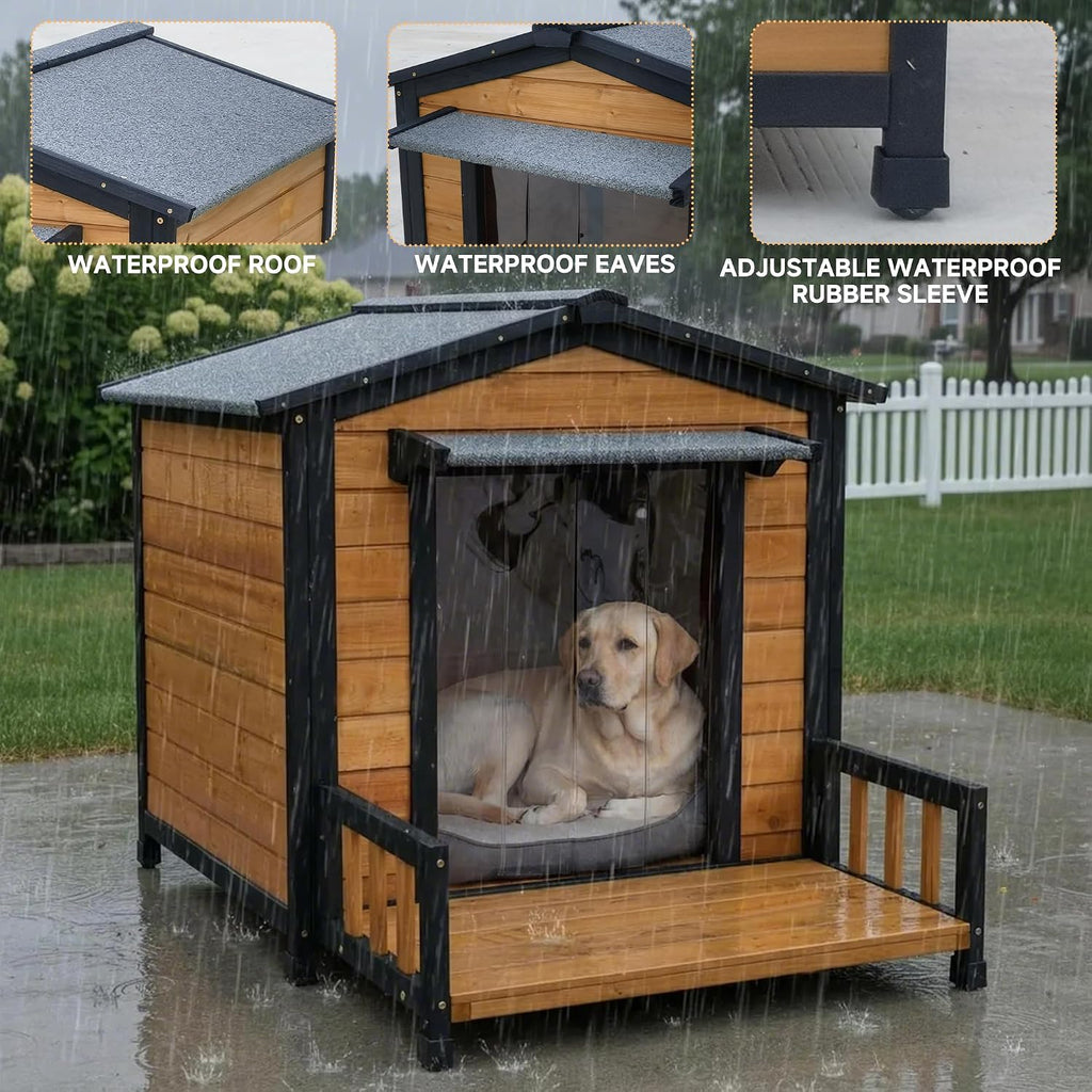 Large Dog House Outdoor, Wood Weatherproof Shelter with Elevated Floor