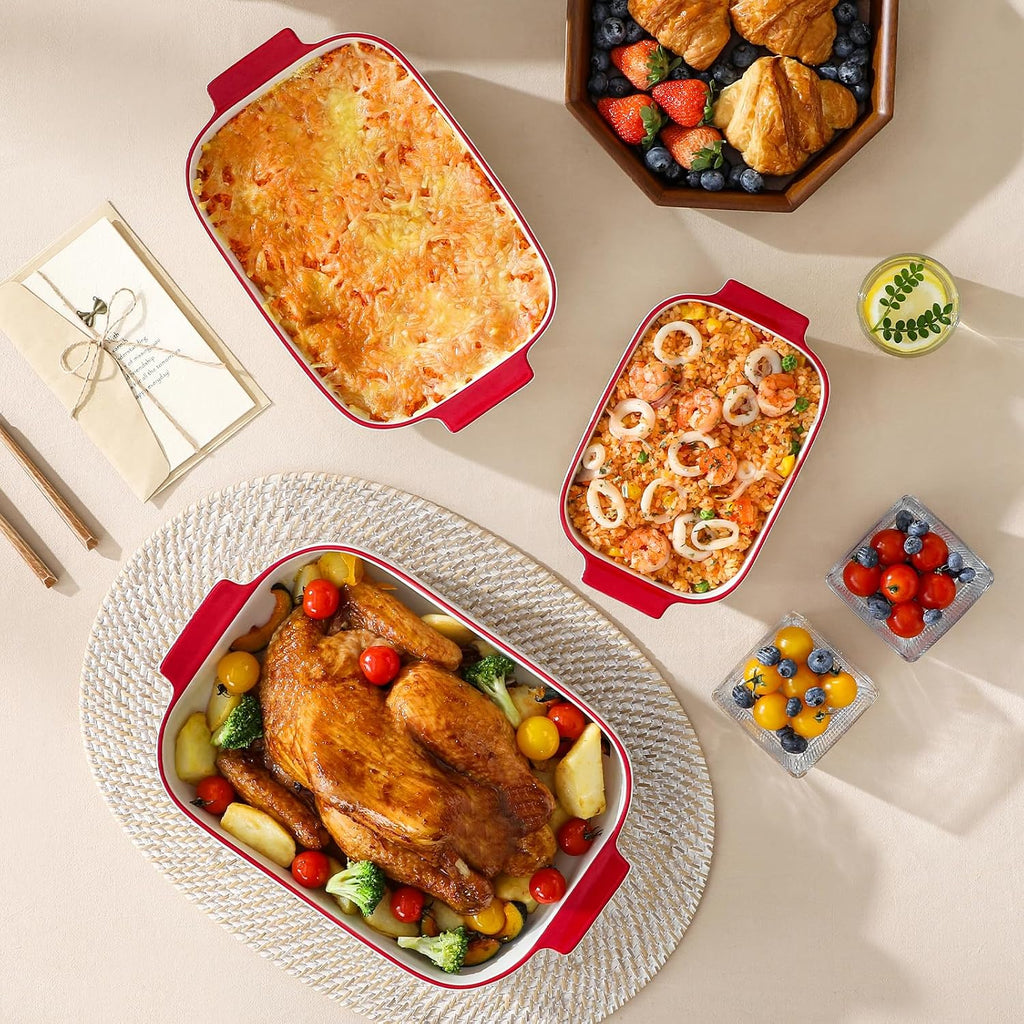 Ceramic Casserole Dishes Set of 3, Red Trim Dish for Oven | 9x13 Rectangular Lasagna Pans with Handles, Microwave