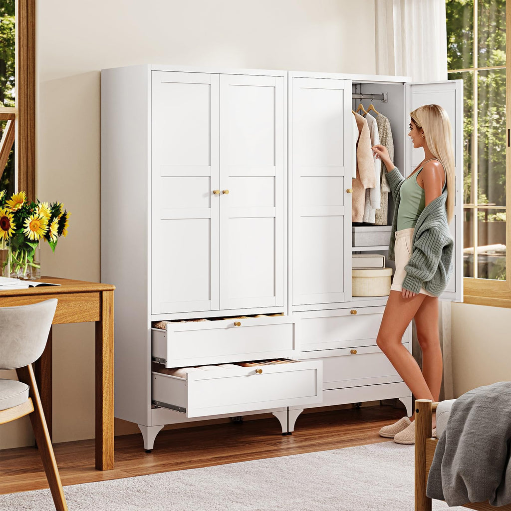 Metal Armoire Wardrobe Closet with Drawers, Clothing Storage Cabinet with Doors and Shelves, Coat Closet with Hanging