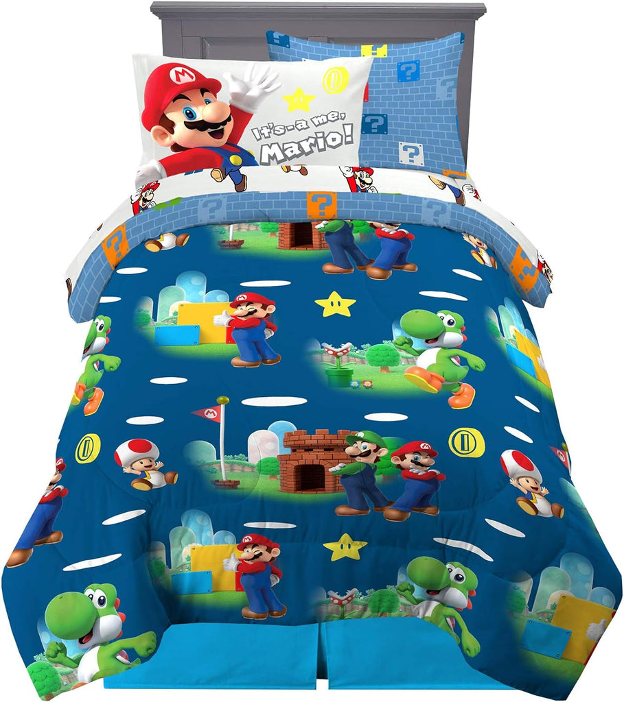 Super Mario Kids Bedding Set, Twin 5 Piece Comforter and Sheet Set with Sham, (Officially Licensed Product)