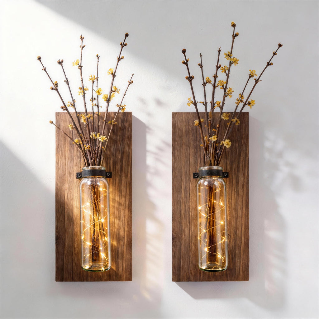 2 Pack Wood Glass Wall Sconces, Farmhouse Planters for Indoor Plants, Rustic Decor, Hanging Vase (Brown)