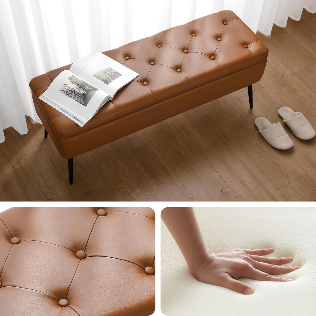 Leather Storage Ottoman Bench, End of Bed Bench with Steel Legs | Brown Leather Button Tufted Design | 660 lb