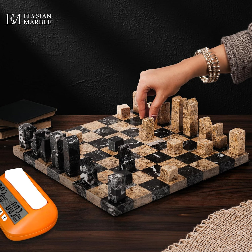 Modern Chess Set - Handcrafted Borderless Marble Chess Board with Minimalist Geometric Pieces, Luxury Decorative