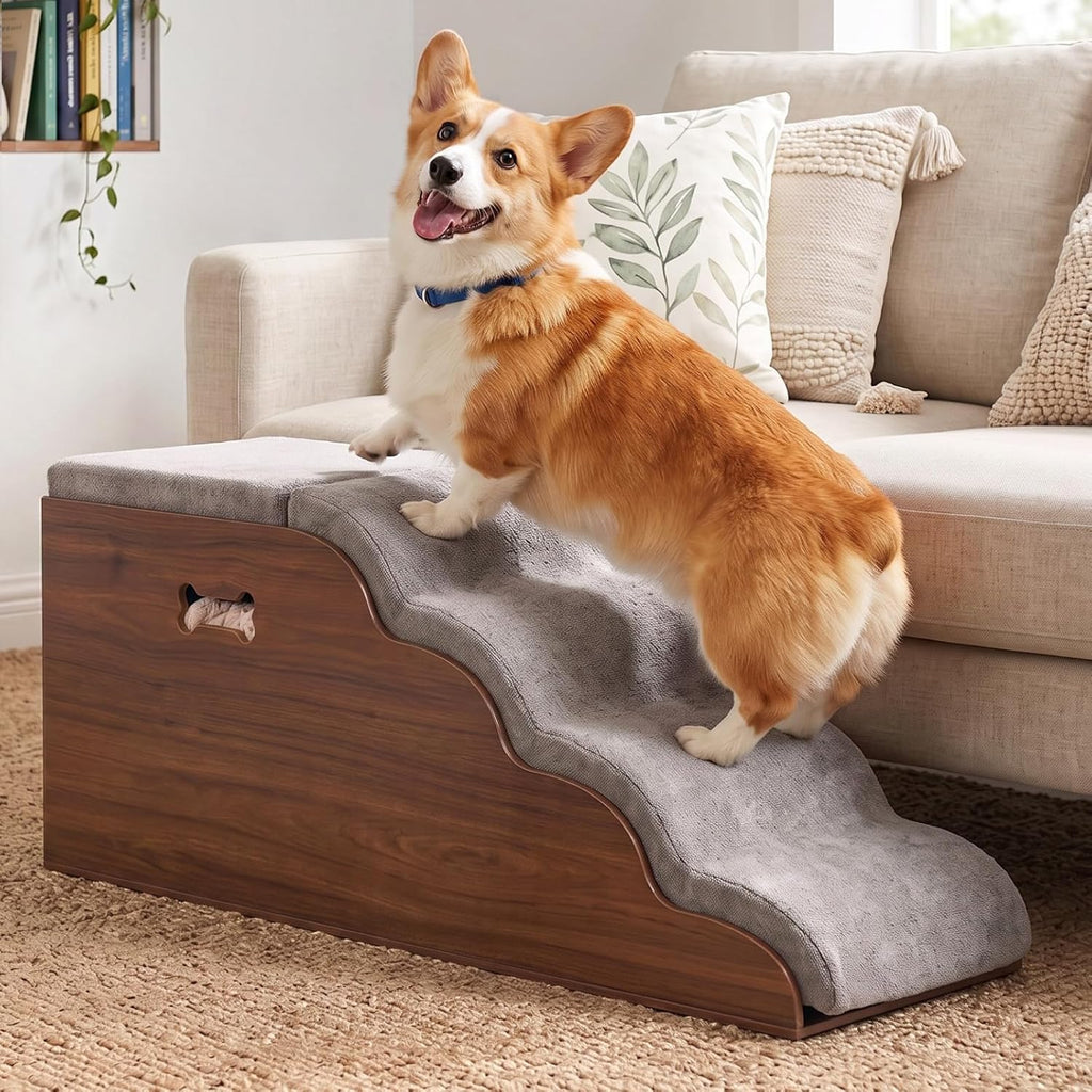 Dog Stairs for Bed Couch with Storage, 4-Step Wooden Dog Ramp 17''H