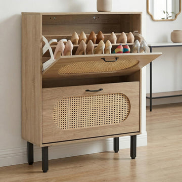 2 Flip Drawers Shoe Storage Cabinet, Freestanding Narrow Entryway Organizer, Natural Semi-Circular Rattan Doors