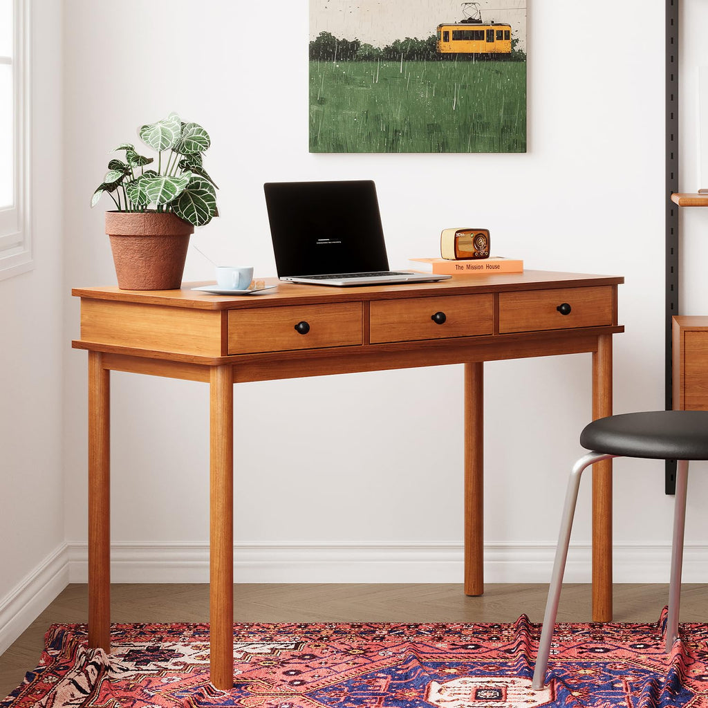 Mid‐Century Wood Writing Desk with 3 Storage Drawers, Solid Wood Legs Home Office Computer Workstation