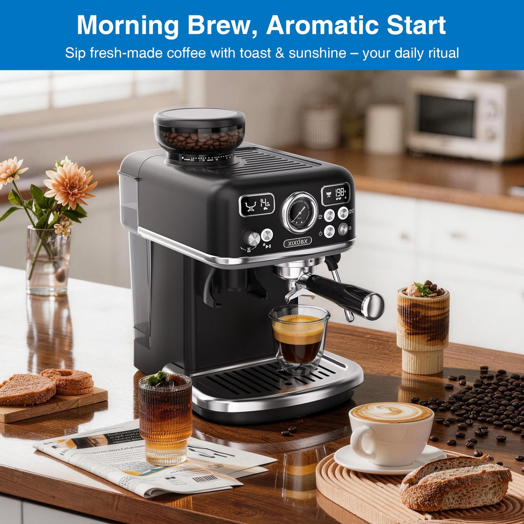 Espresso Machine with Grinder, PID & Programmable Settings, Black