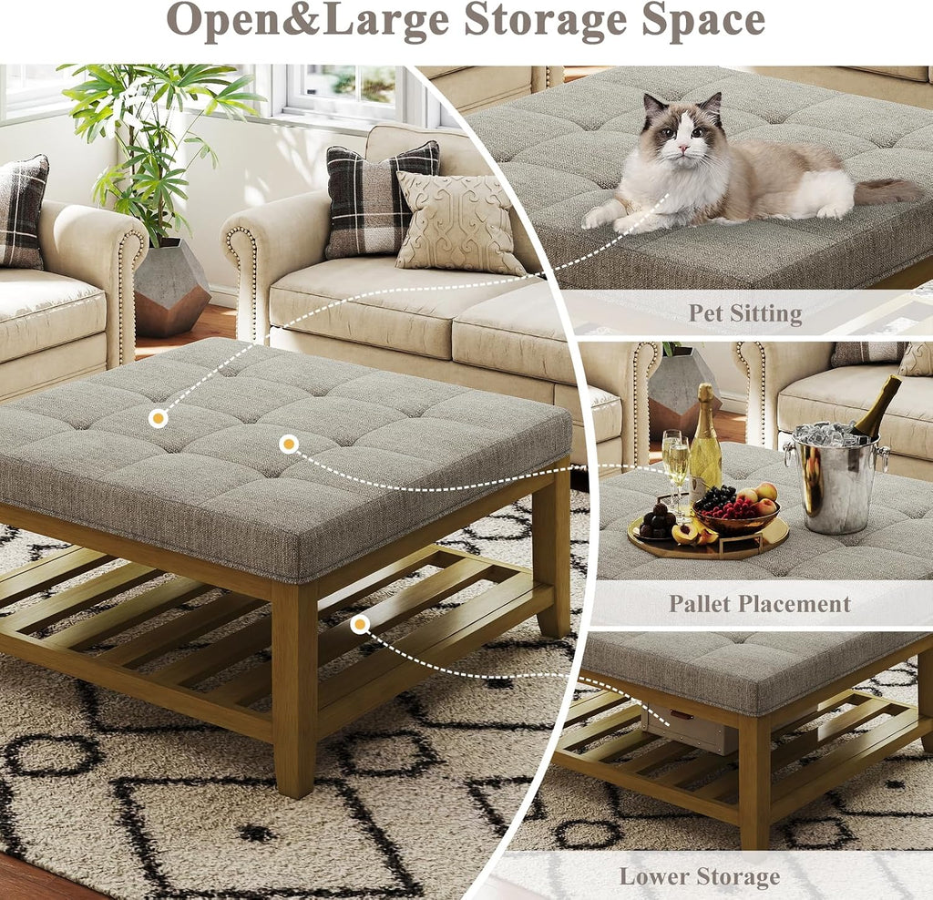 Large Square Ottoman Coffee Table, Linen Solid Upholstered Footrest Ottoman with Solid Wood Shelf Storage Tufted