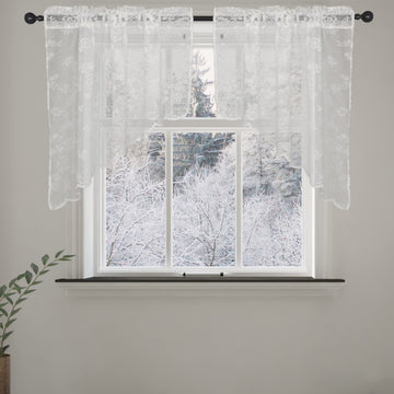 2 Pcs Floral Sheer Swag Curtains 36 Inches Length Rod Pocket Half Small Cafe Window Curtains White Retro Lace Swag