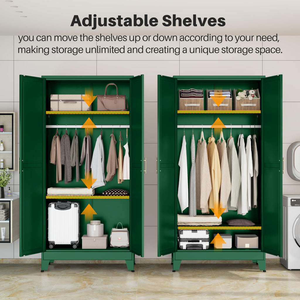 Metal Armoire Wardrobe Closet with 2 Doors, 71" Wardrobe Cabinet with Adjustable Shelves and Hanging Rod, Clothing