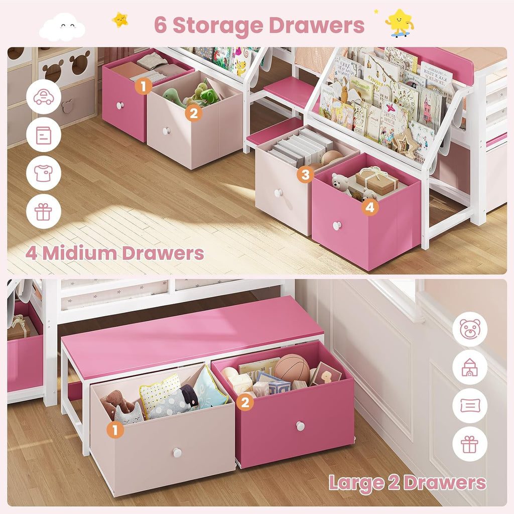 Montessori Kids Floor Bed with Guardrails & 6 Storage Drawers, Pink