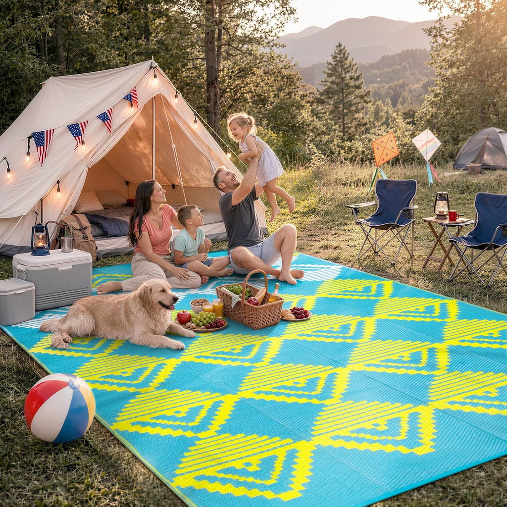 Outdoor Rug Waterproof, Reversible Outdoor Patio Rug for Backyard, Deck, Blue Yellow