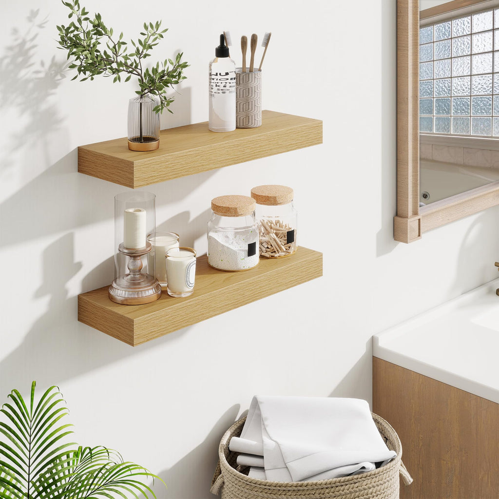 Floating Shelves Bathroom for Wall Mounted Shelves, 20 Inch Wood Shelf Set of 2, Home Storage & Display Decor, Oak