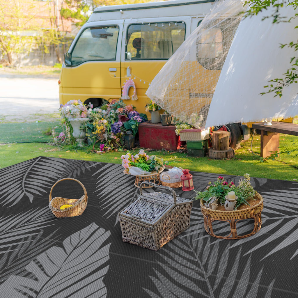 Outdoor Rug, Waterproof Plastic Rugs 9'x18' for Camping Black Grey