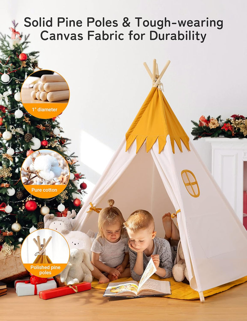 Toddler Teepee With Padded Mat and Lights - Kids Indoor Play Tent, Large Canvas Cotton Tipee for Children